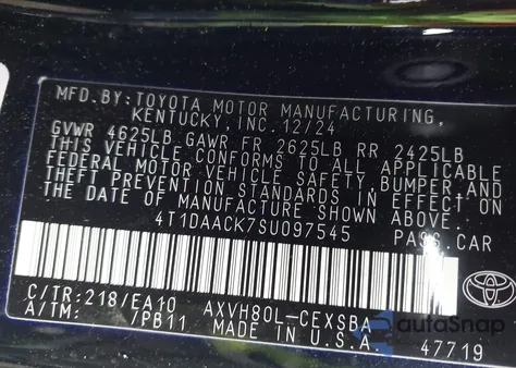 2025 Toyota Camry Se из США, поврежденный, VIN 4T1DAACK7SU097545